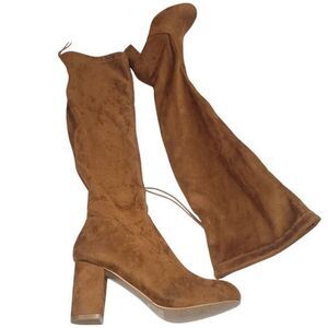 Nature Breeze Womens Stretchy Thigh High Pull String Chunk Heel Combat Boots 8.5